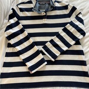 Lands' End Navy and white Striped rugby style popover tee with chambray details